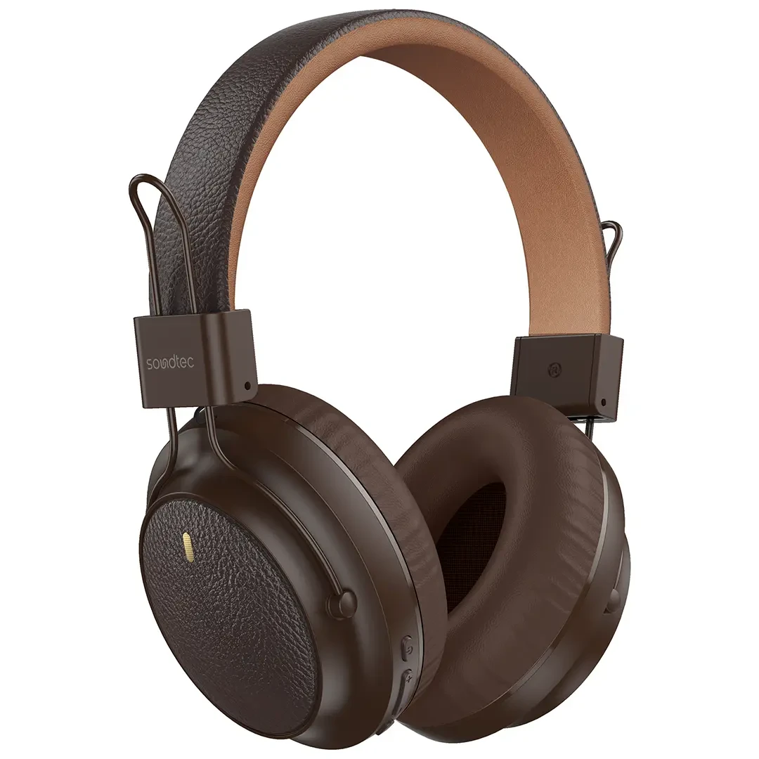 Porodo Soundtec Leather-Finish 400mAh Bluetooth Headphone With Leather Finish - Brown
